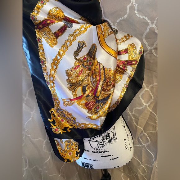 VTG Large Square Silky Fashion Scarf w/Gold, Black & Magenta Boho Designs - Picture 3 of 5